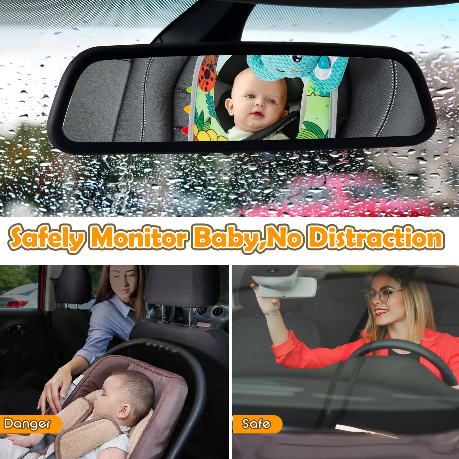 Lynncare teether integrated into car seat toy for on-the-go soothing.