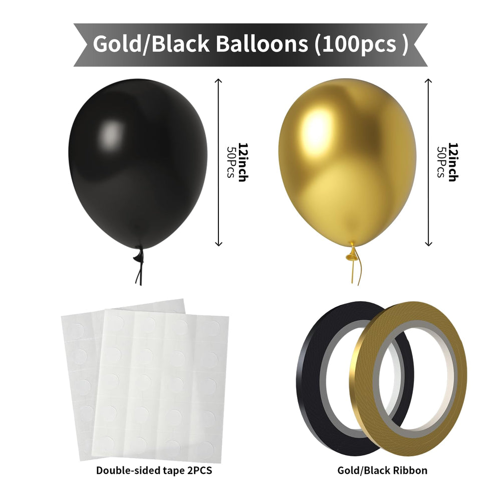 LYNSP balloon kit contents shown: black and gold balloons with ribbons and glue dots for easy setup