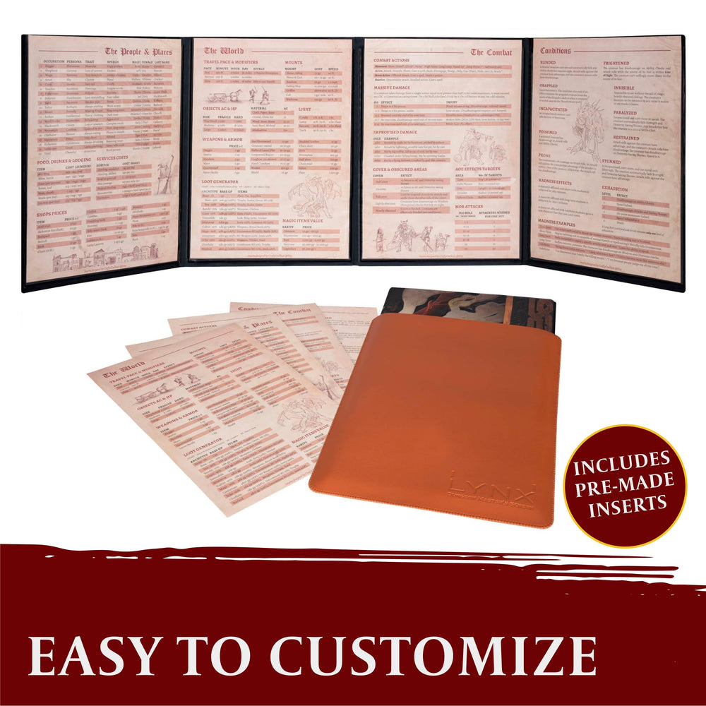LYNX DND DM Screen four-panel layout organizes conditions and items.