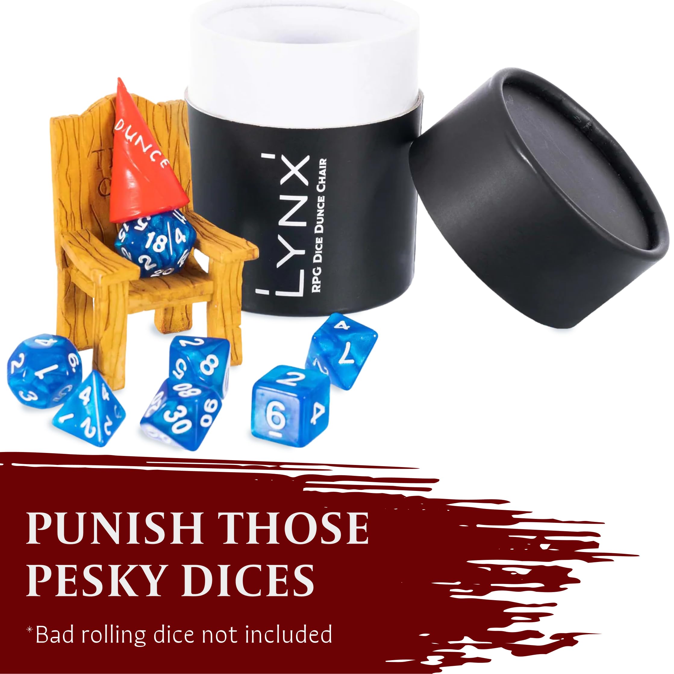 LYNX DND Dunce Hat on a die offers a lighthearted cue for fair play.