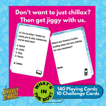 Lyrically Correct 140 trivia cards and 10 challenge cards pack being held for game night