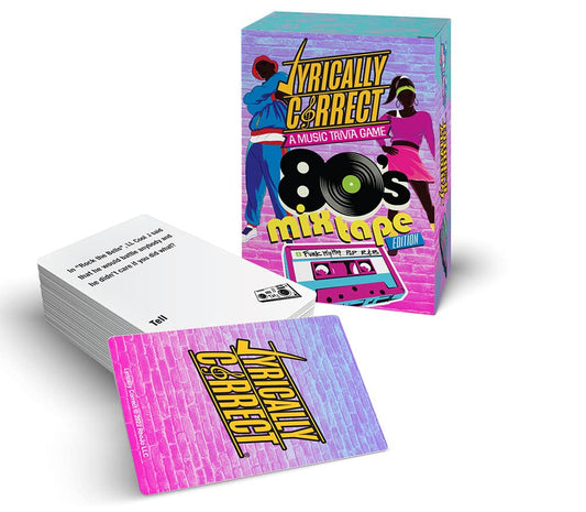 Lyrically Correct lyrics trivia cards spread across a table, great for memory challenges.