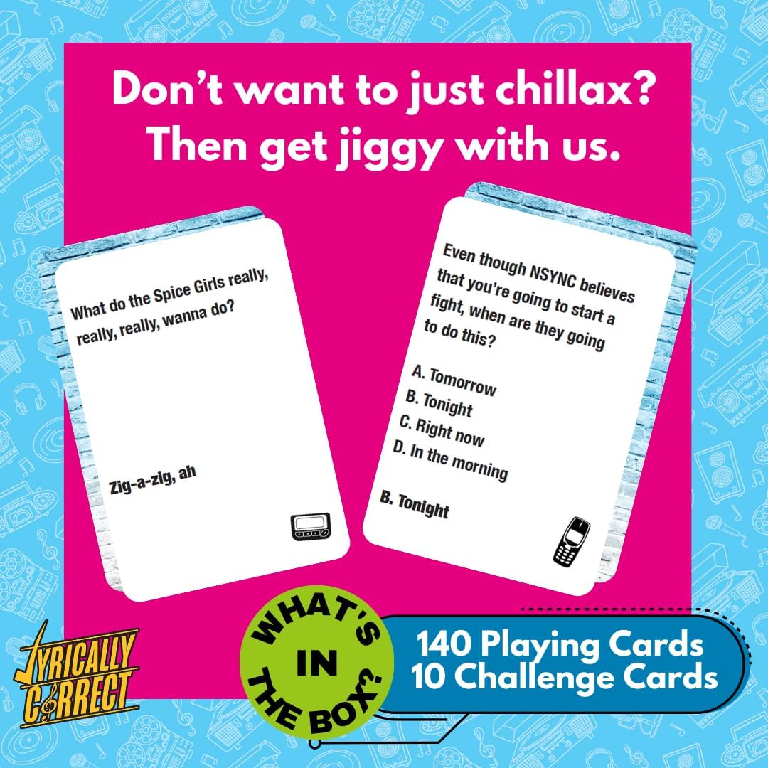 Lyrically Correct throwback hits lyrics trivia cards spread on a table with retro vibes