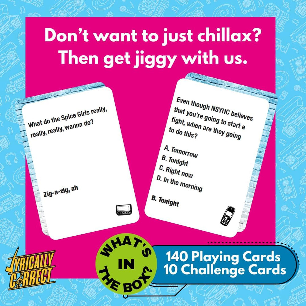 Lyrically Correct throwback hits lyrics trivia cards spread on a table with retro vibes
