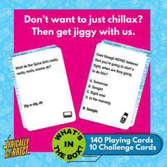 Lyrically Correct throwback hits lyrics trivia cards spread on a table with retro vibes