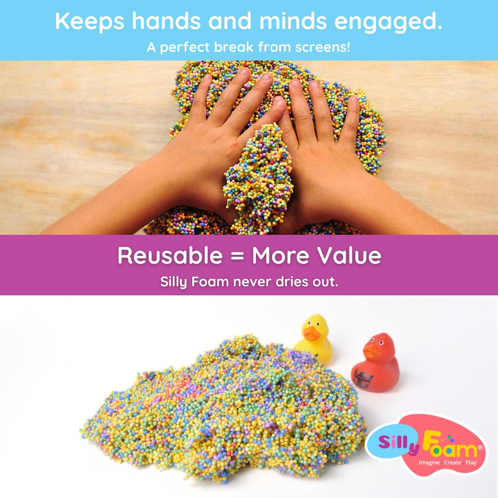LYRK Silly Foam beads sensory bin entry encourages tactile exploration.