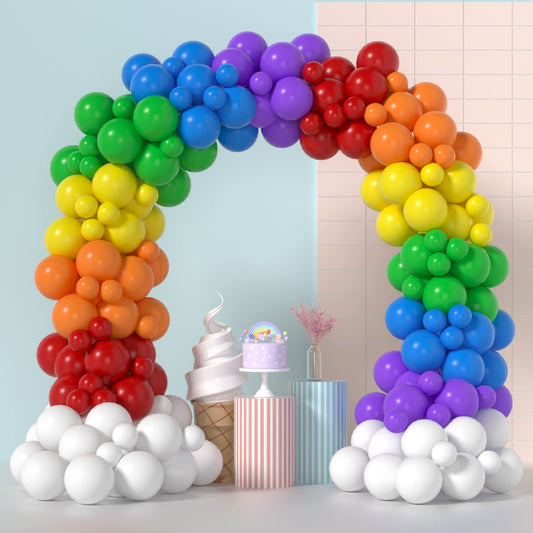 LYVEEF rainbow balloons arch kit front view with vivid hues for eye-catching decor.