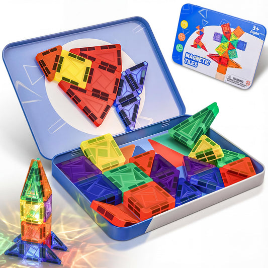 Lyzaoc mini magnetic tiles 42 pcs with metal box for easy storage and travel