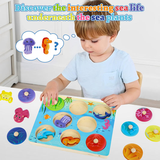 LZDMY Montessori sea animals puzzle wooden base provides stable sorting during playtime
