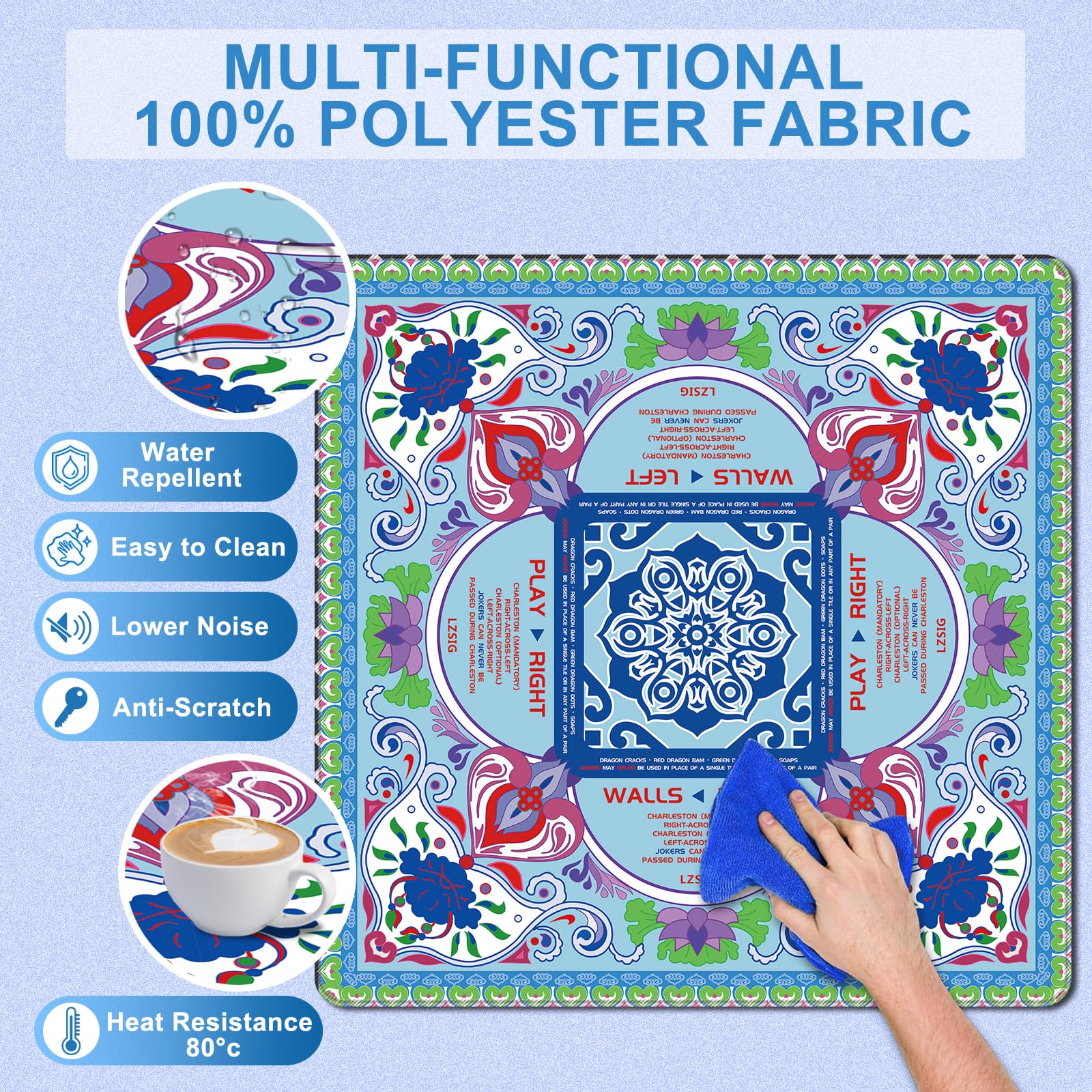 LZSIG Mahjong Mat 33x33 blue edge detail highlights durability.