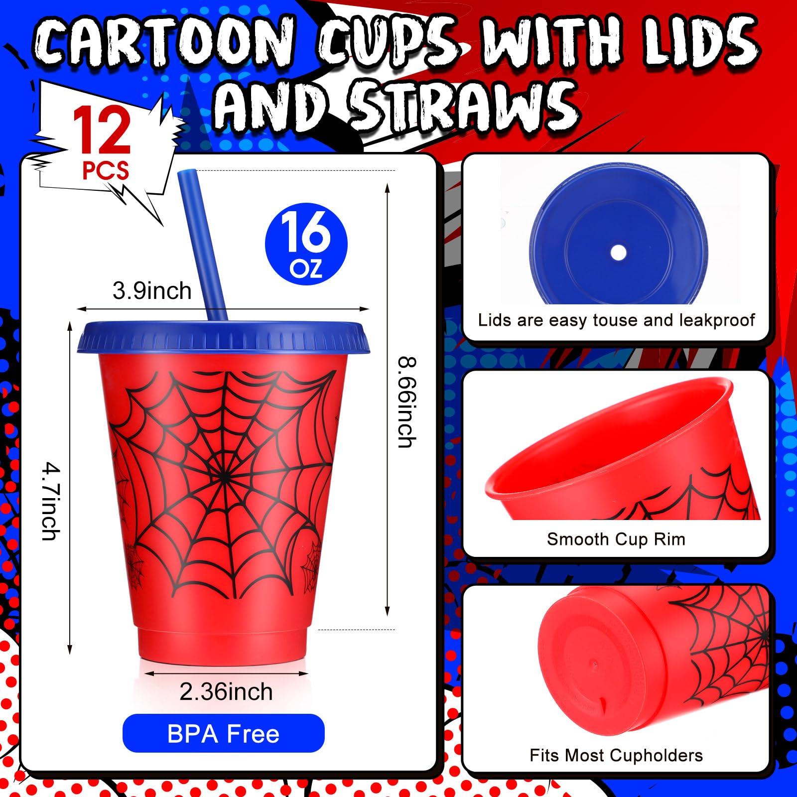 Lzuhoa spider cups in black, red, blue add vibrant party flair.