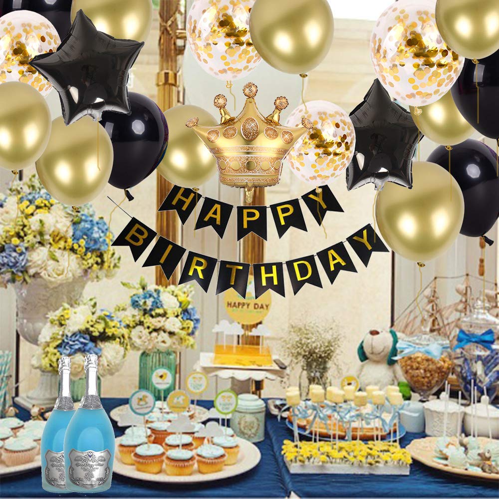 LZVPL Black-Gold decor kit creates cohesive styling for a polished party look.