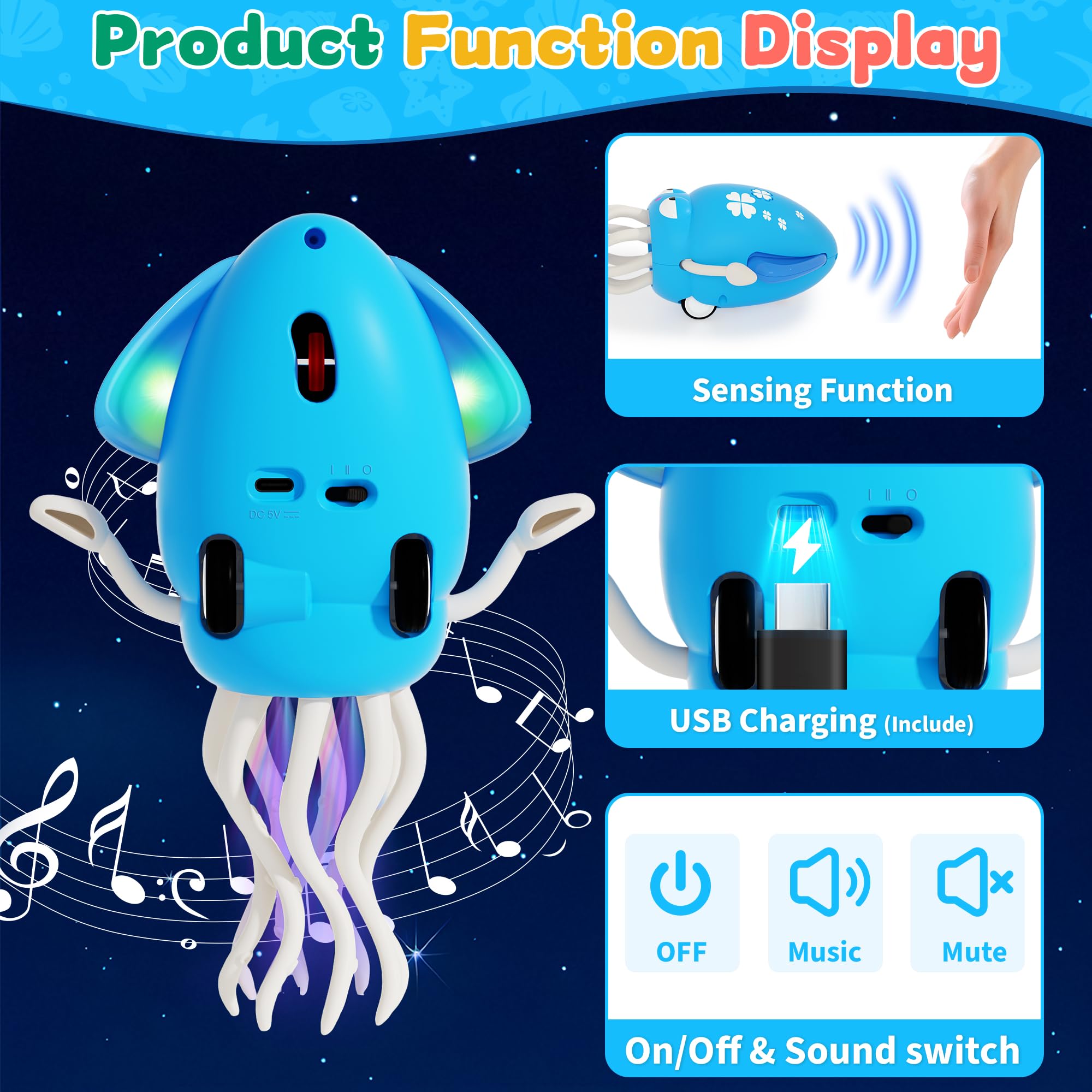 LZZAPJ Octopus in dancing mode sways and lights to a cheerful rhythm.