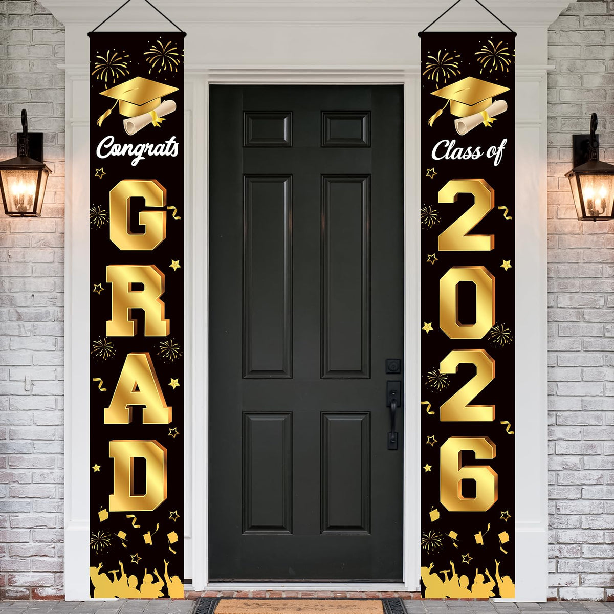 M AMFEOV graduation porch banner with congrats grad visible from distance