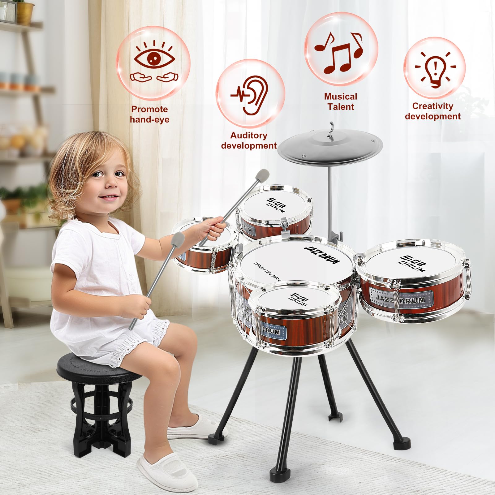 Close-up of five tom-toms and cymbal inviting kids to explore rhythm with the M SANMERSEN kit.