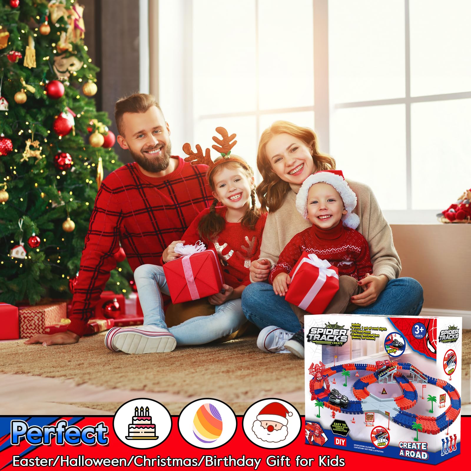 Family play session featuring the M SANMERSEN spider race track.