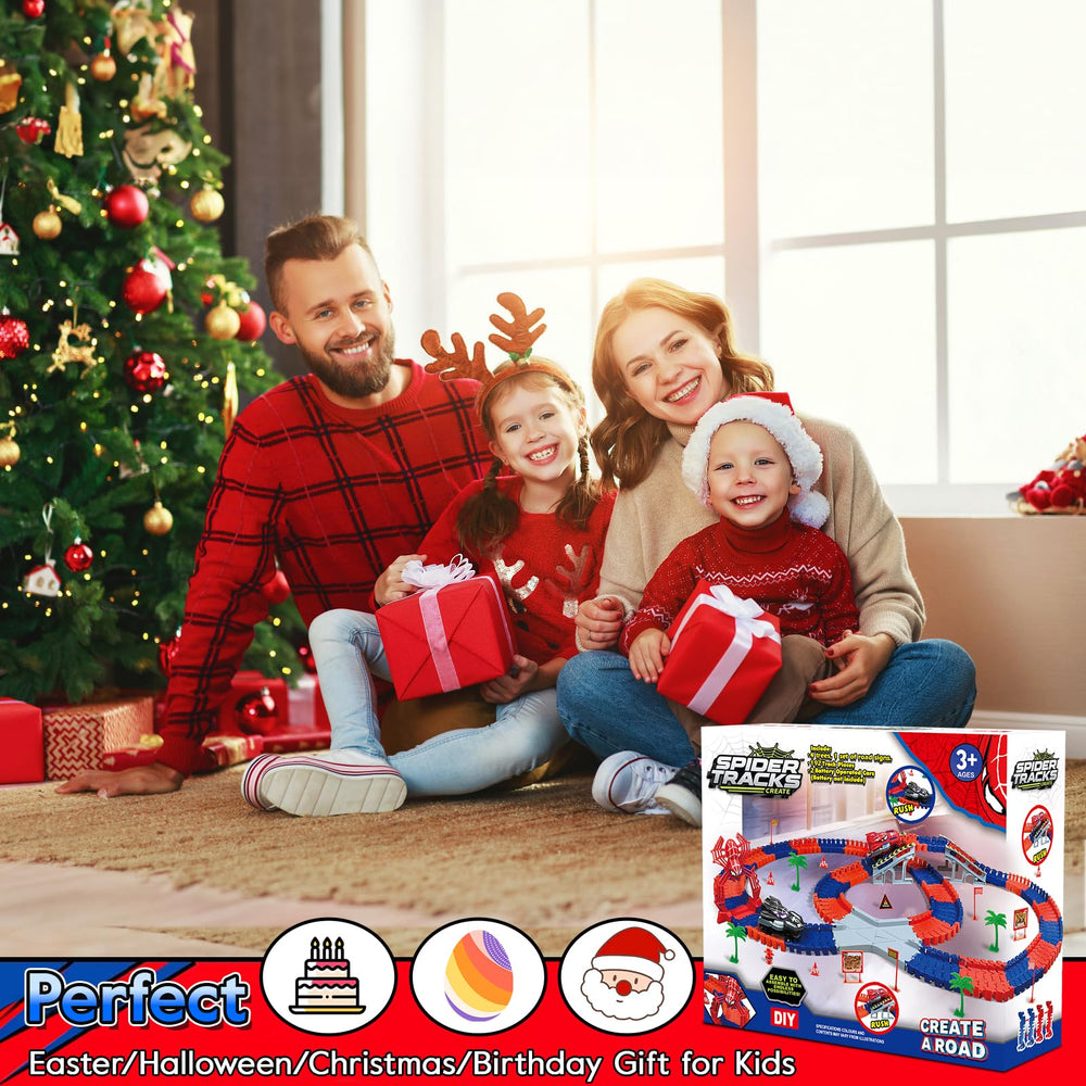 Family play session featuring the M SANMERSEN spider race track.