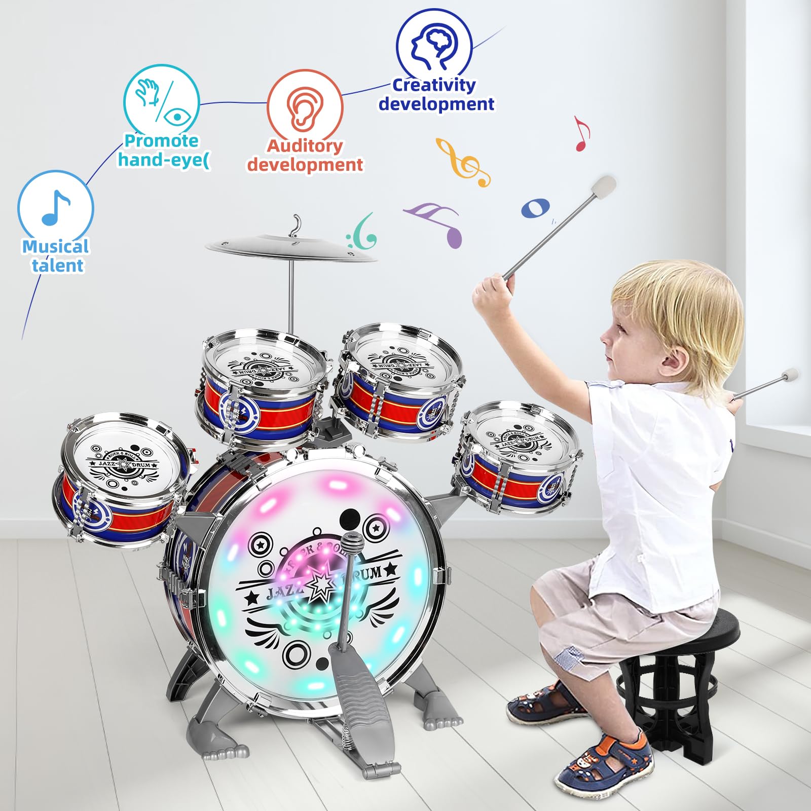 M SANMERSEN small drums highlighted, perfect for teaching tempo and beat accuracy in little musicians.