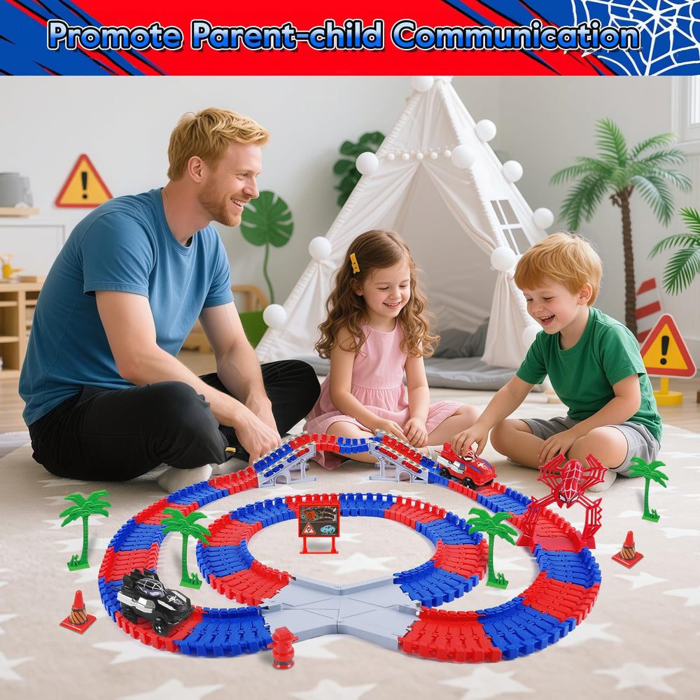 Children engaged in imaginative play with the spider race track set.