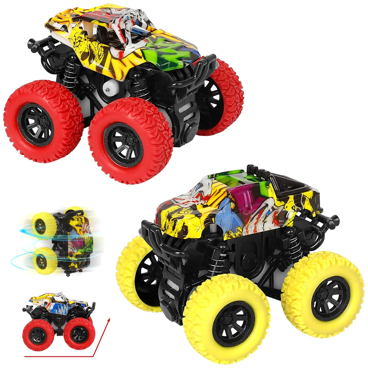 M SANMERSEN monster truck toy red and yellow pair ready for playtime adventures.