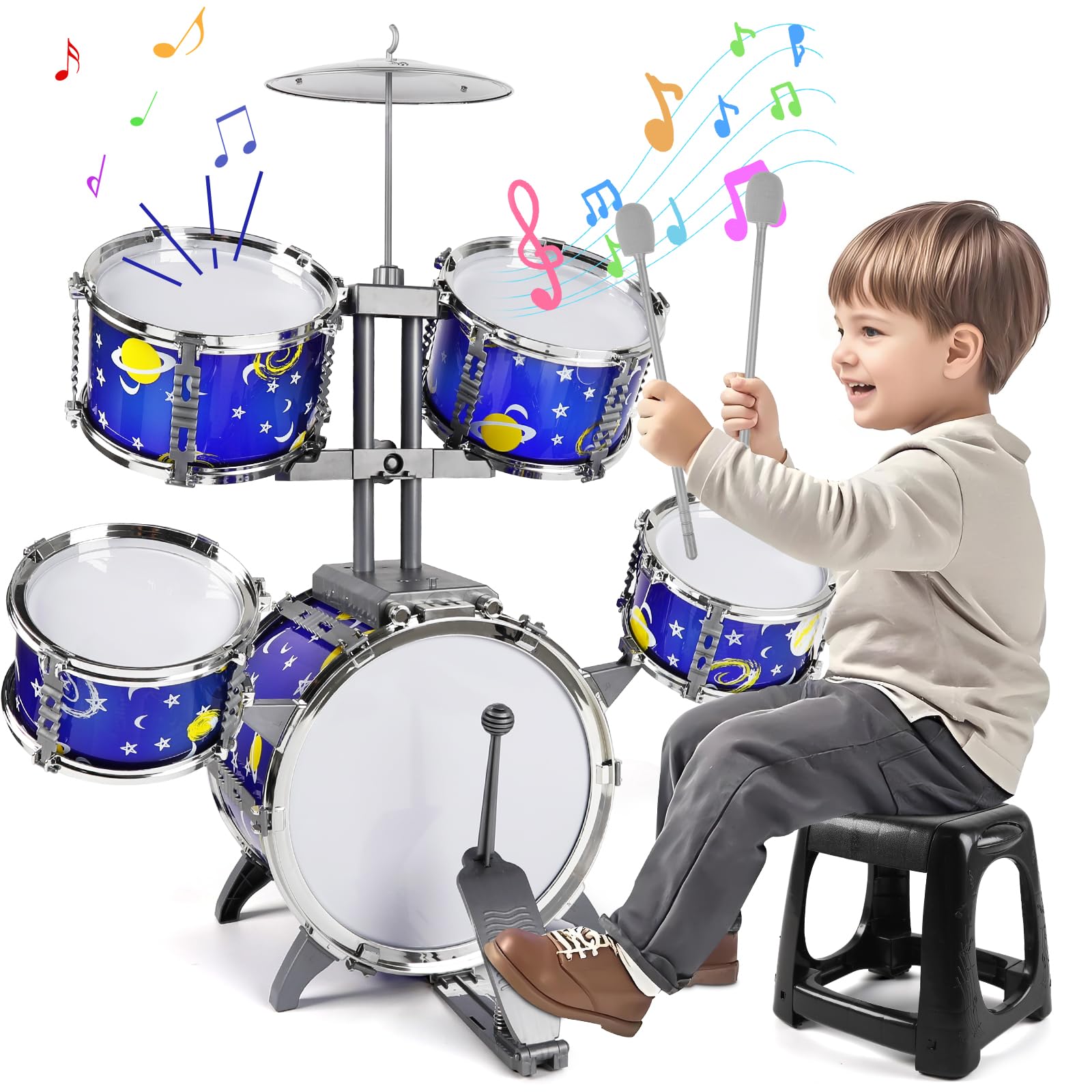 M SANMERSEN upgraded kids jazz drum set with stool enables imaginative rhythm sessions.