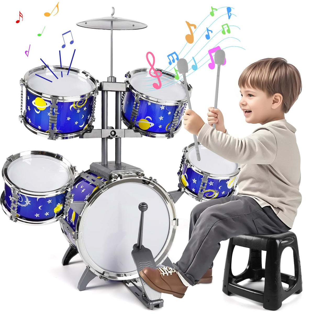 M SANMERSEN upgraded kids jazz drum set with stool enables imaginative rhythm sessions.