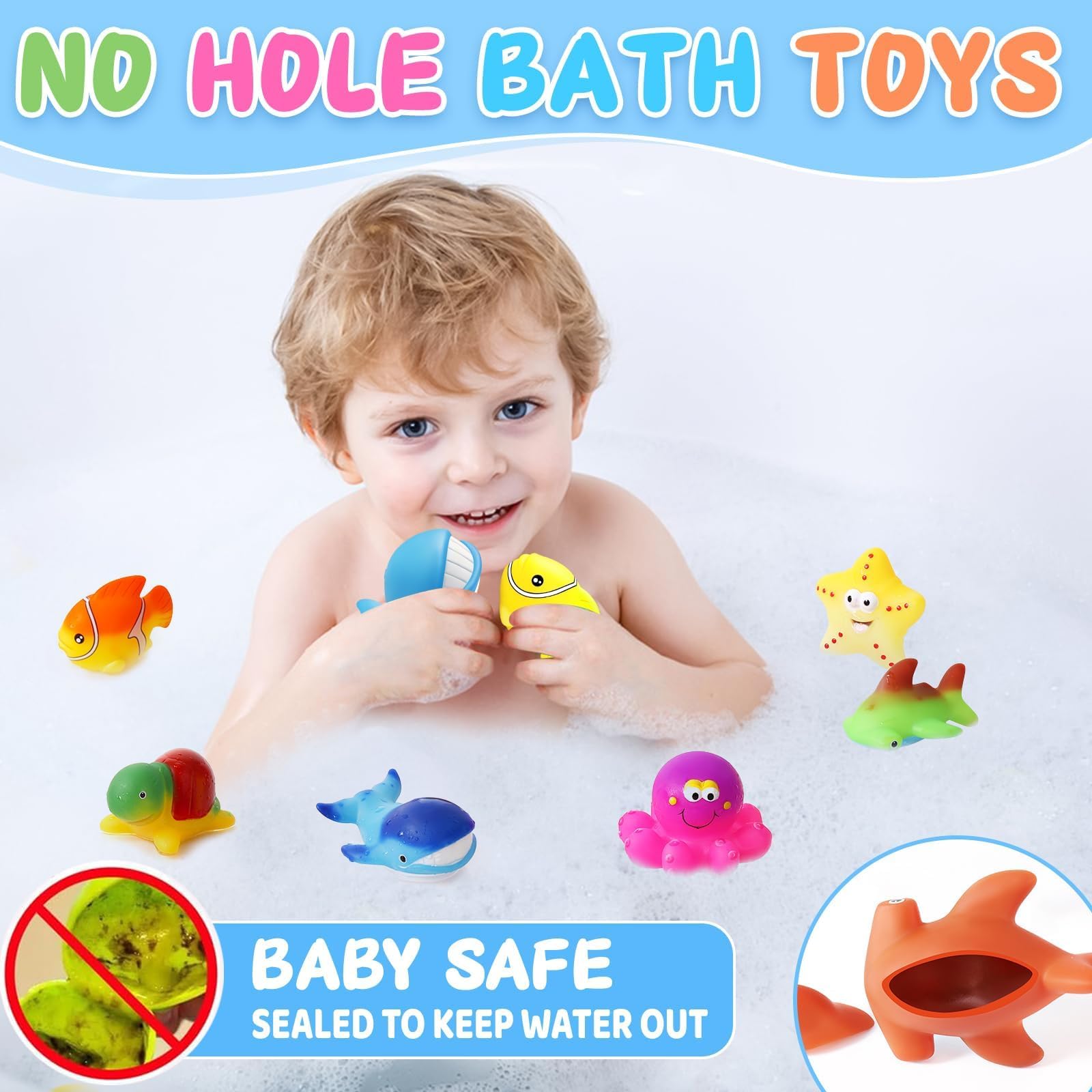 MACALOCA no-hole hygienic sea animal bath toy ensures safe, leak-free use.