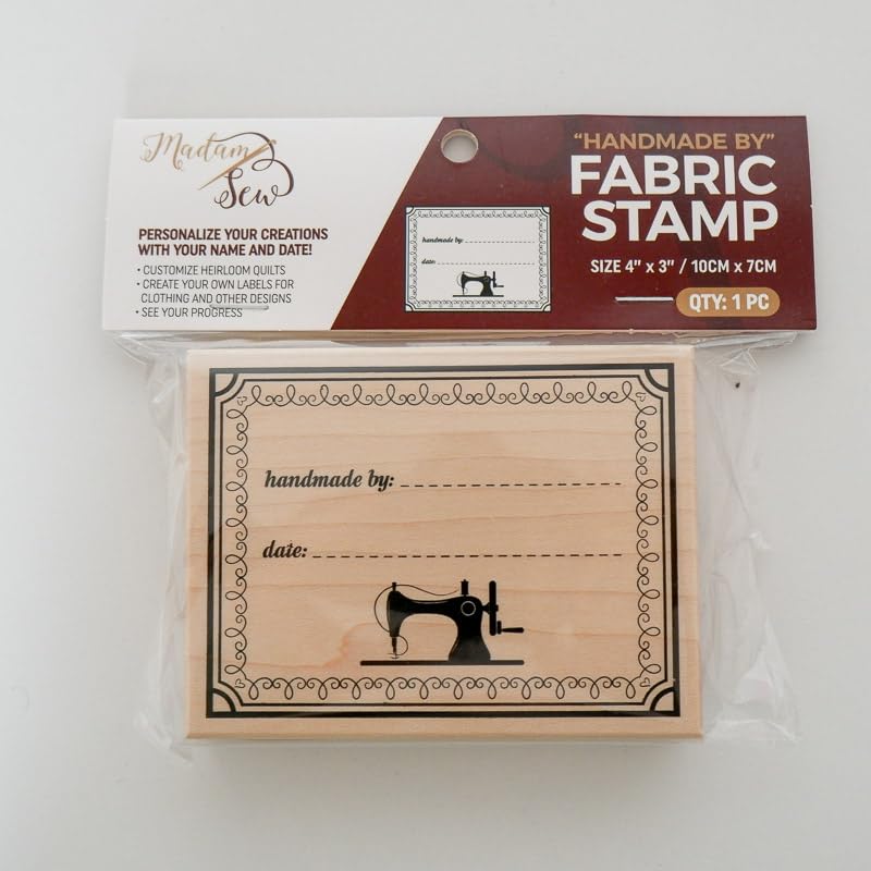 Madam Sew permanent fabric ink compatible stamp ensures lasting marks.