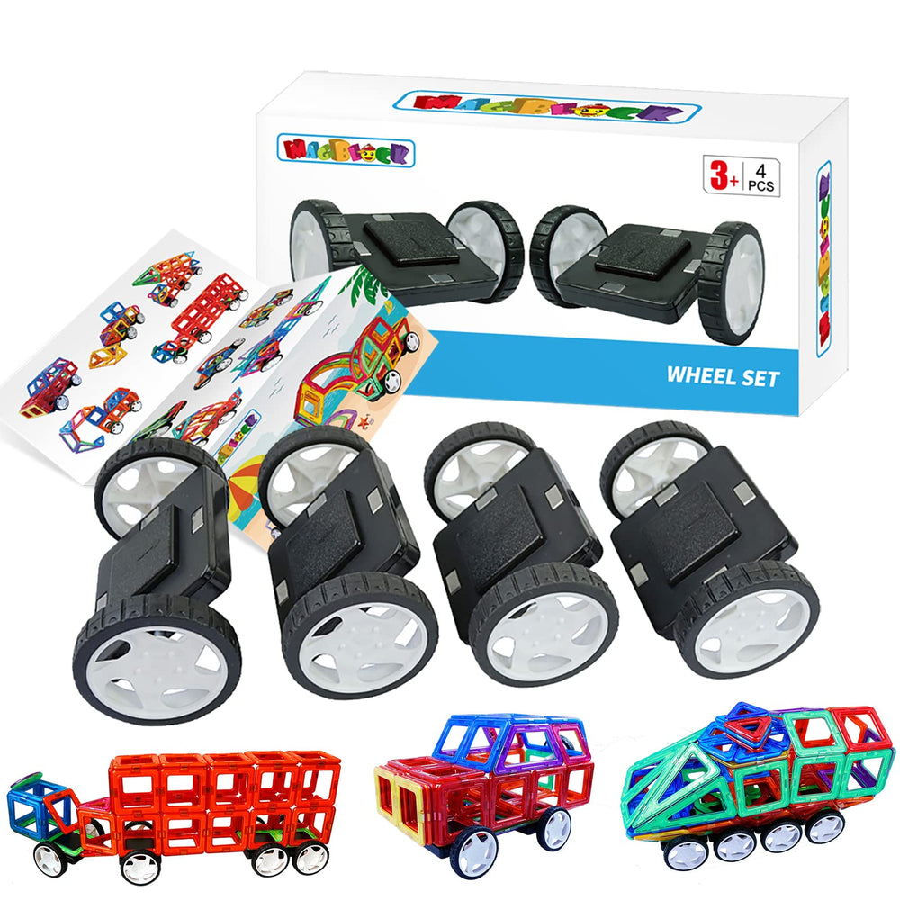 MAGBLOCK 4-piece wheels on blocks enable creative moving vehicles.