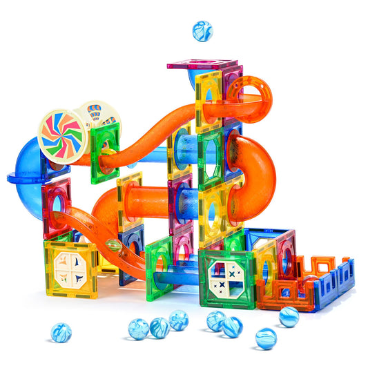 MAGBLOCK 85Pcs marble run setup with magnetic tiles for creative play