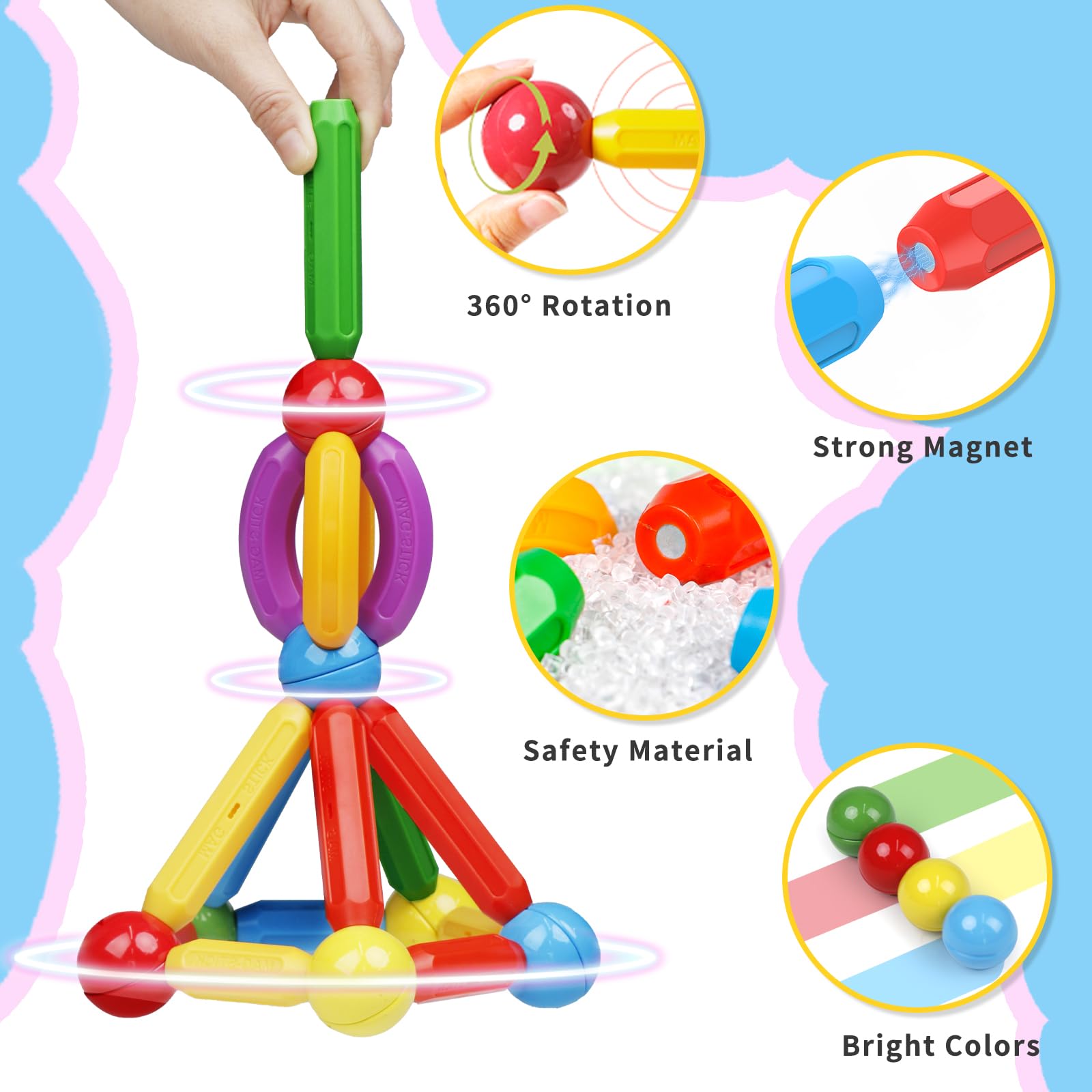 MAGBLOCK castle and rocket models assembled from sticks and balls support imagination and spatial skills