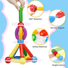 MAGBLOCK castle and rocket models assembled from sticks and balls support imagination and spatial skills