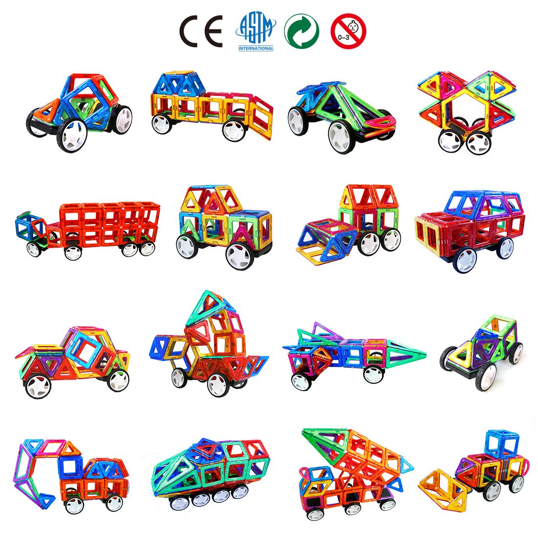 Kids build trucks and trains with MAGBLOCK wheels and blocks for motion.