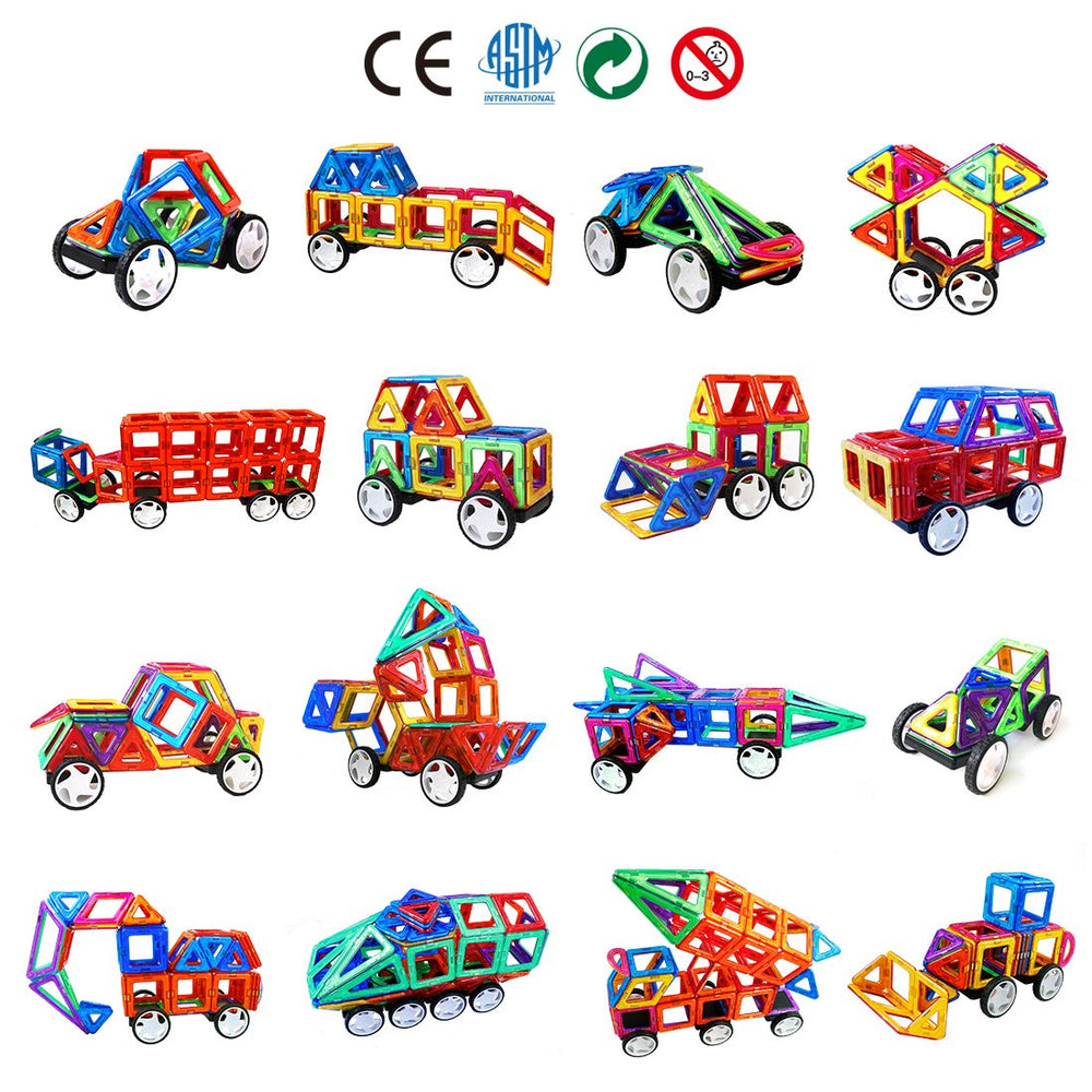 Kids build trucks and trains with MAGBLOCK wheels and blocks for motion.
