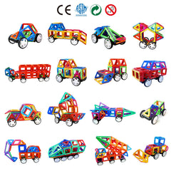 Kids build trucks and trains with MAGBLOCK wheels and blocks for motion.