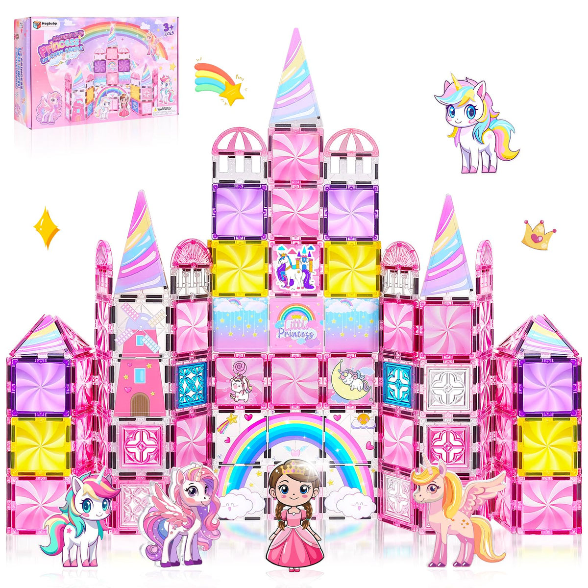 Magbubp diamond tiles spark imaginative unicorn castle play.