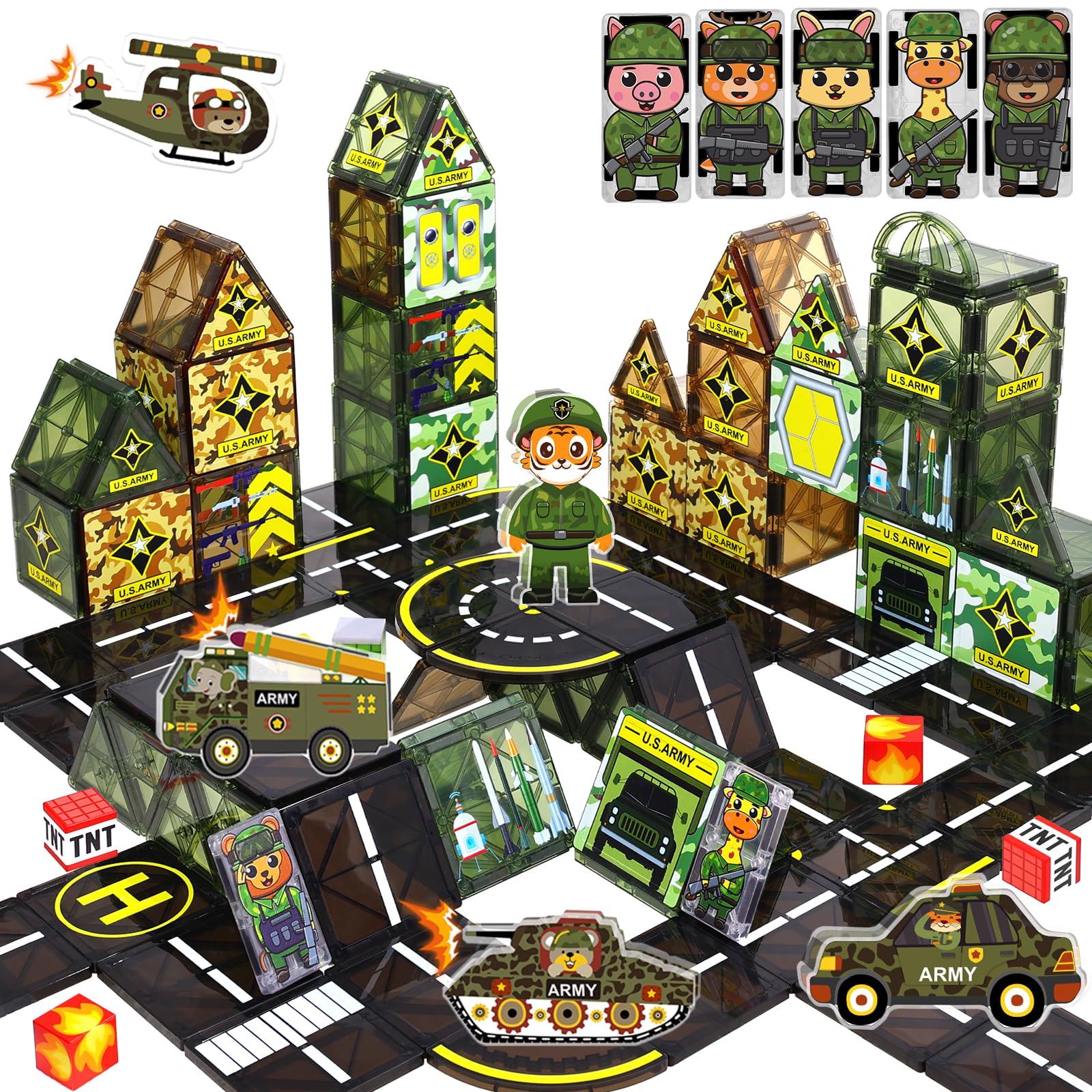 Magbubp military tiles base assembly featuring Tiger King for imaginative play