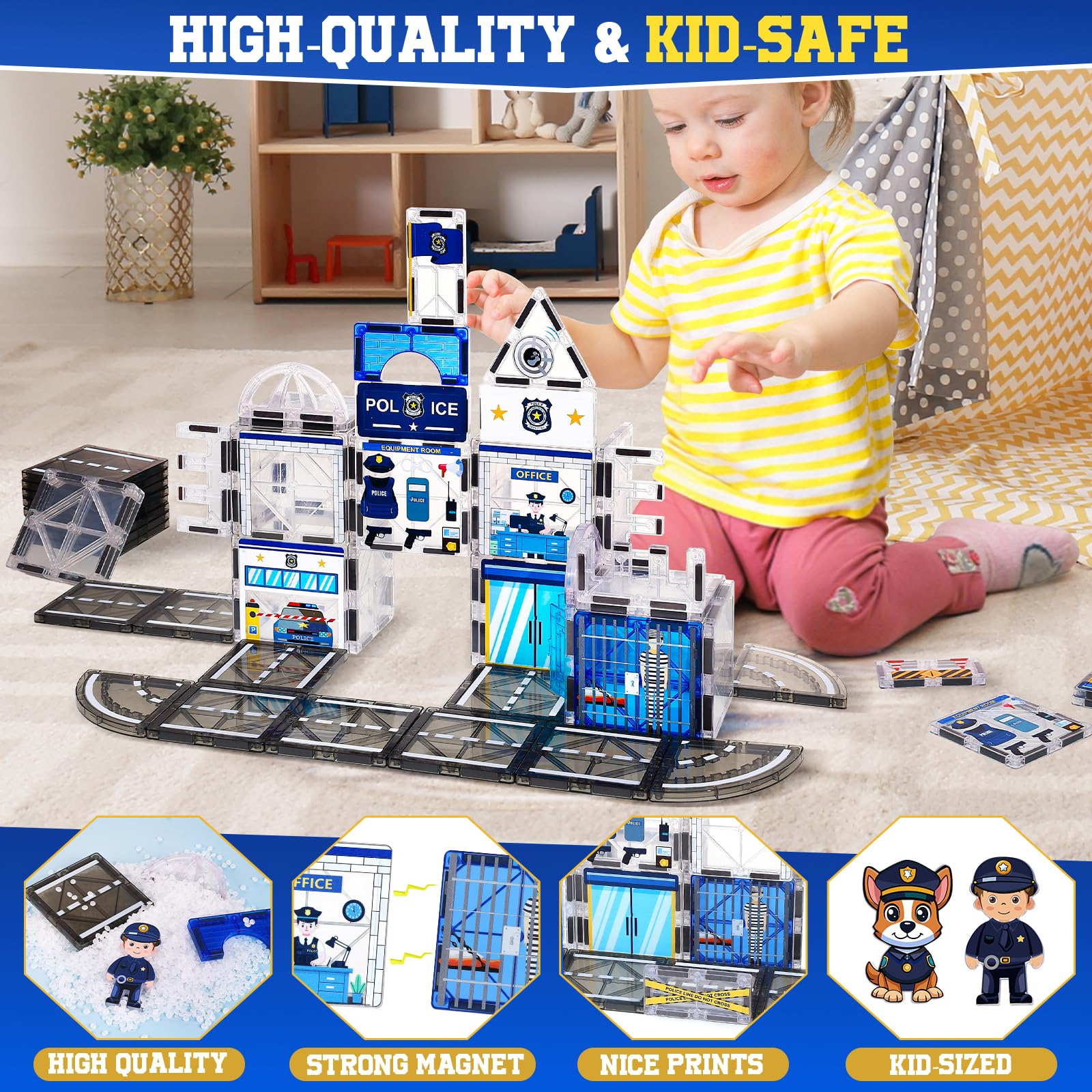 Magbubp police garage supports creative layouts and functional play areas.
