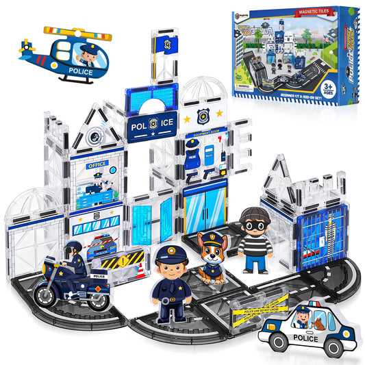 Magbubp police station tiles enable imaginative play while developing spatial skills and problem solving.