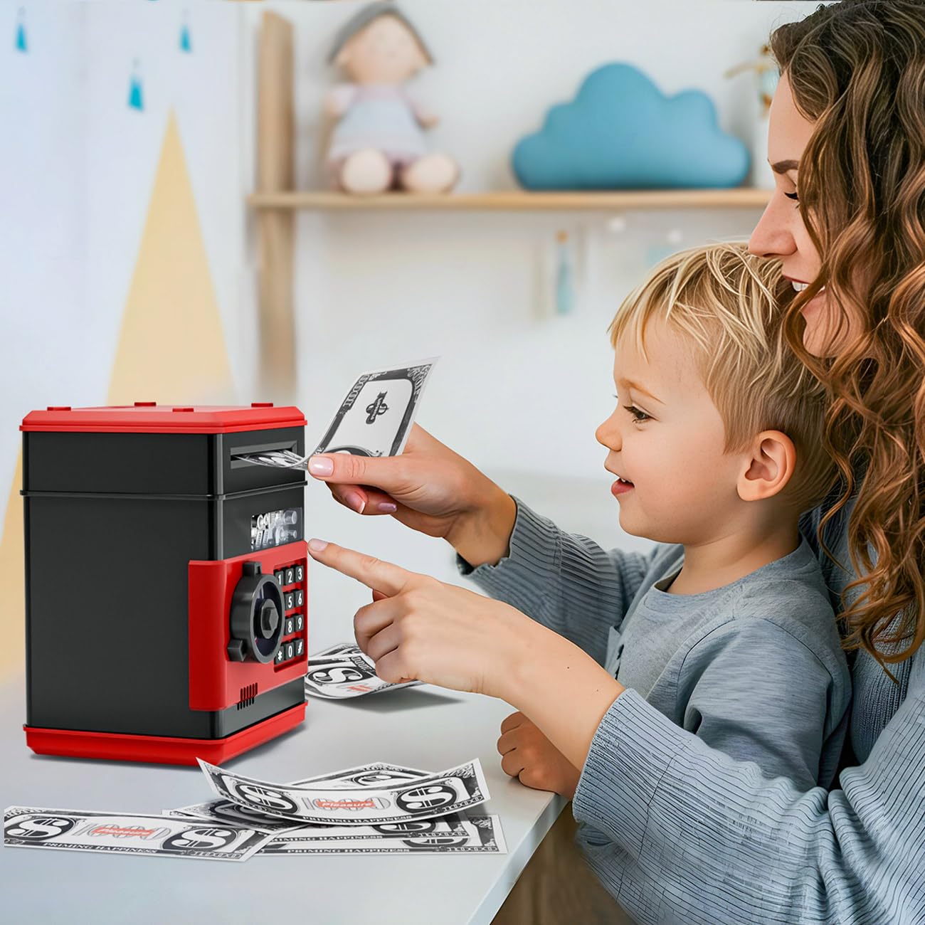 MAGIBX child uses piggy bank at home, a fun learning activity for money skills.