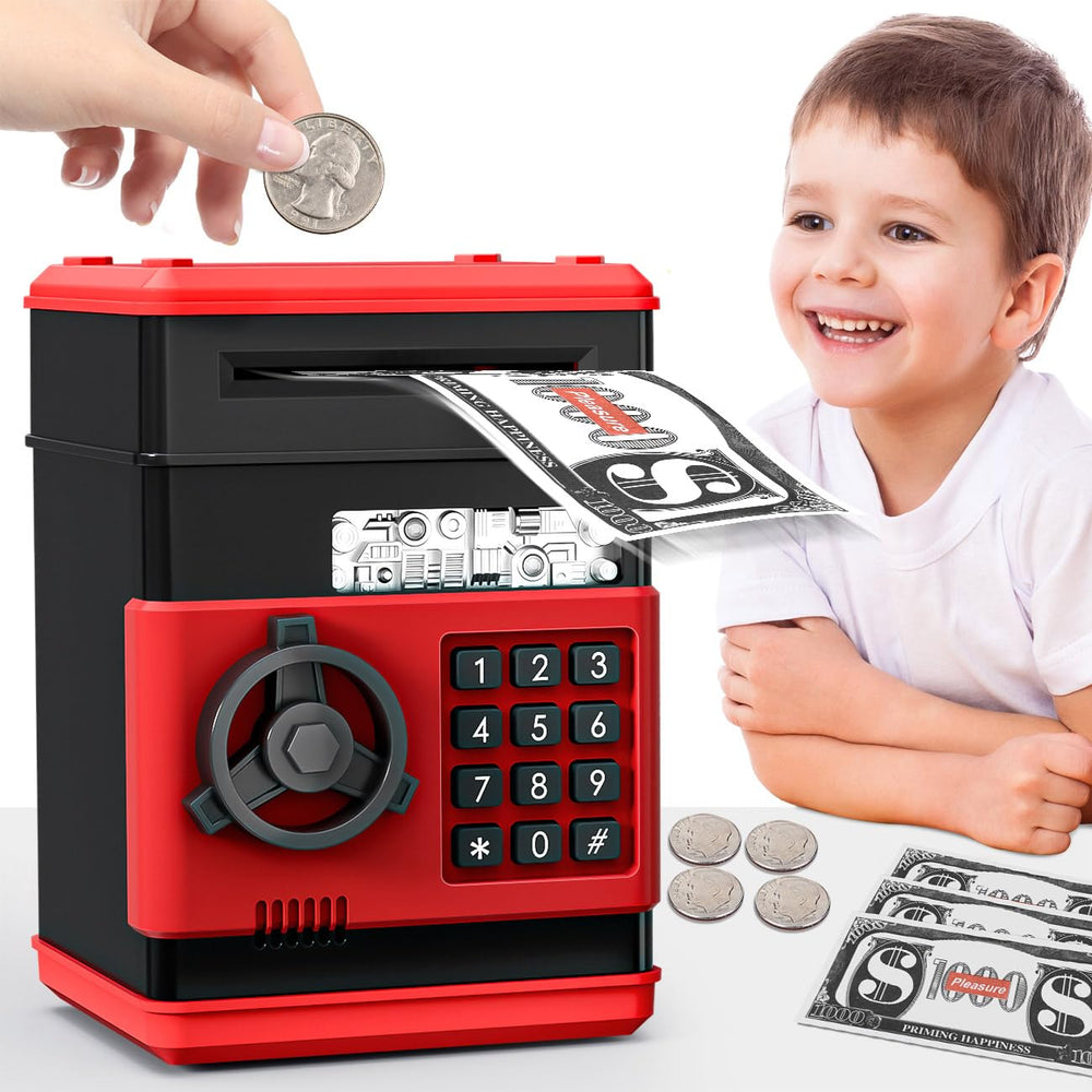 MAGIBX mini piggy bank ATM in black and red, top view showing password-controlled access.