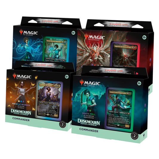 Magic: The Gathering Duskmourn deck box safely stores four ready-to-play commander decks.