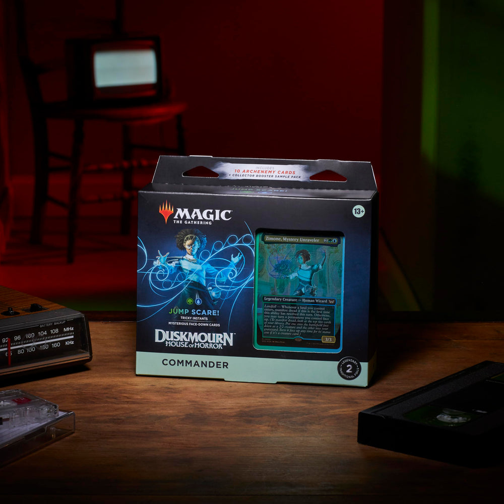 Duskmourn Jump Scare shows two foil borderless commanders with striking artwork.