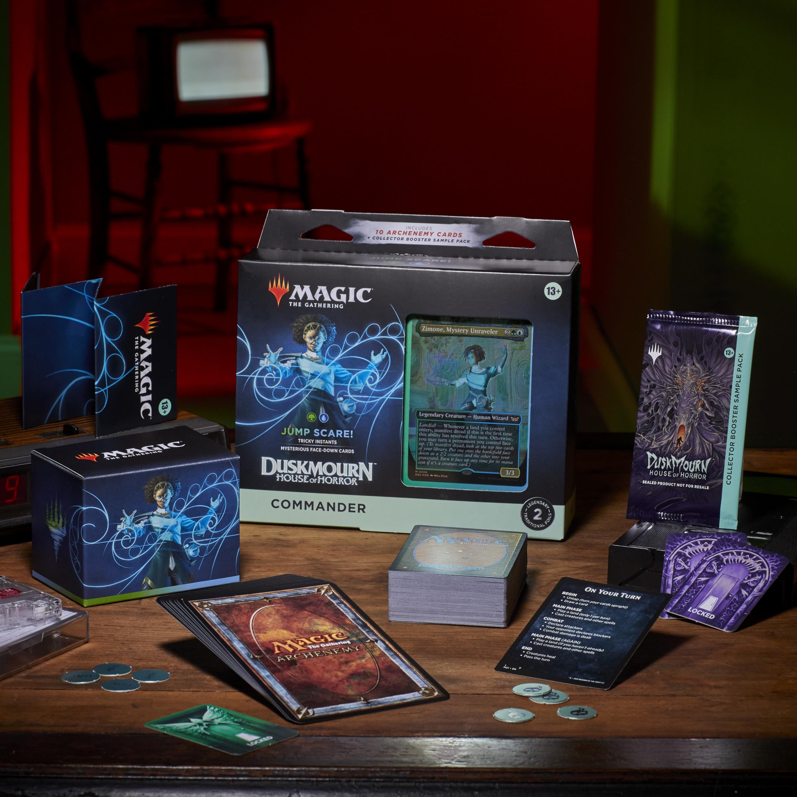 Two foil borderless commanders from Duskmourn Jump Scare on display.