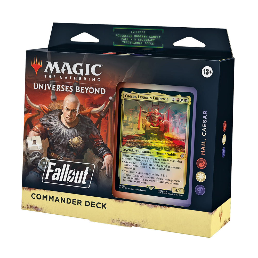 Magic: The Gathering Fallout Commander Deck cover art with wasteland visuals and striking branding.