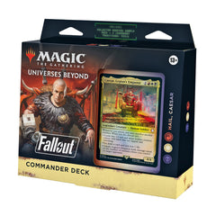 Magic: The Gathering Fallout Commander Deck cover art with wasteland visuals and striking branding.