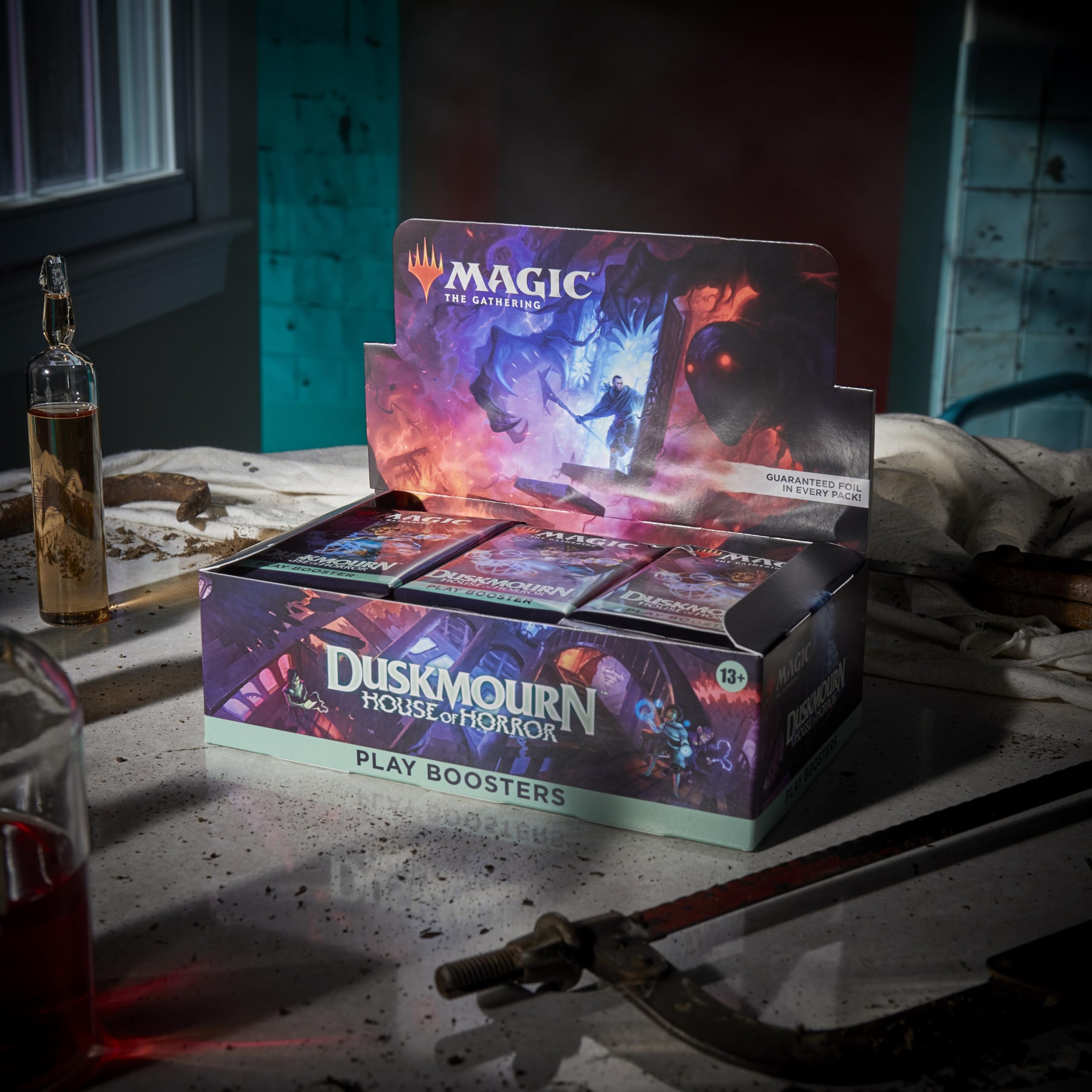 Magic: The Gathering Duskmourn booster box spread showing multiple packs