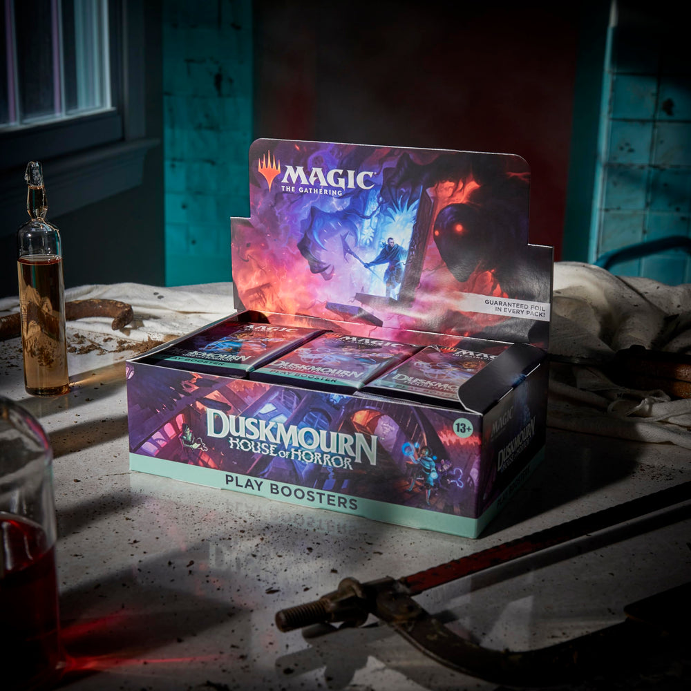 Magic: The Gathering Duskmourn booster box spread showing multiple packs