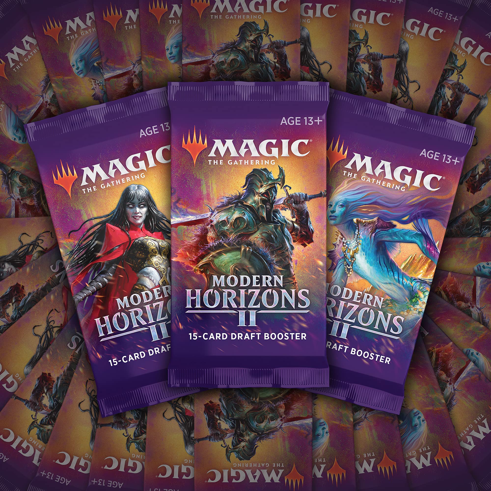Spread of MH2 booster packs showing 15-card contents and rares.