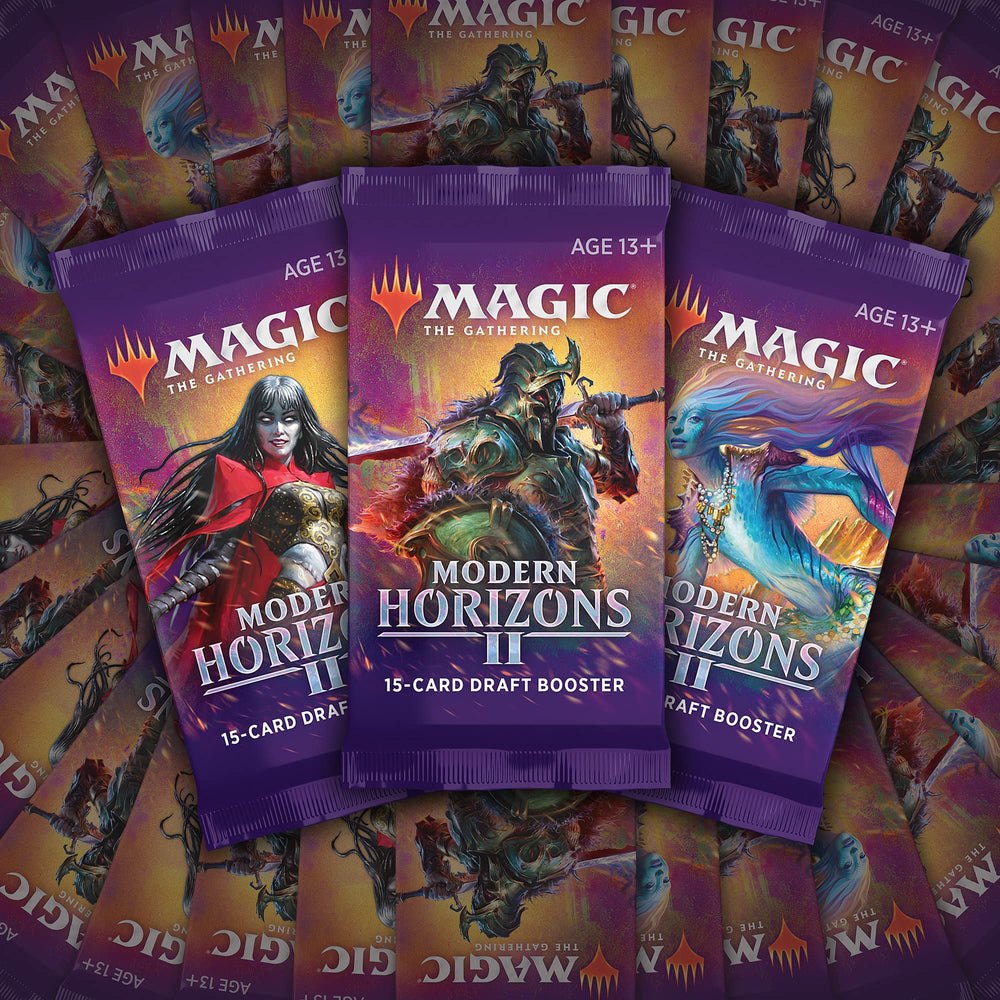 Spread of MH2 booster packs showing 15-card contents and rares.